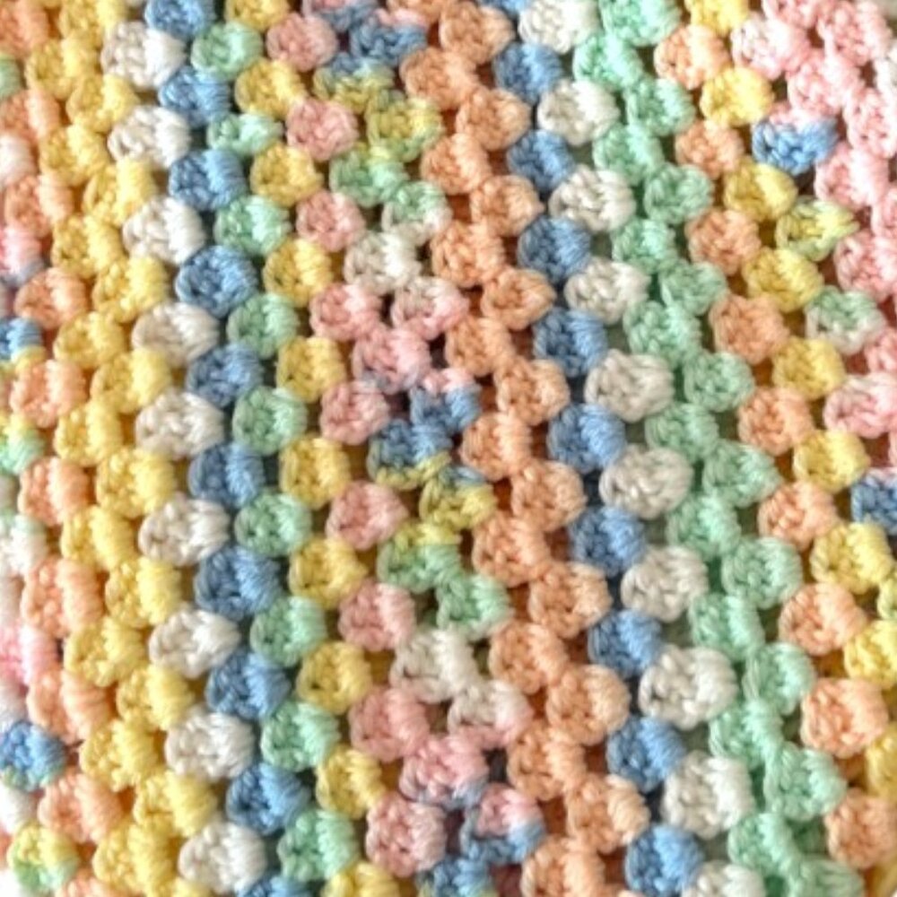 Handmade Pastel Rainbow Crocheted Baby Blanket / Lap Throw – 31"x33" - Picture 9 of 10